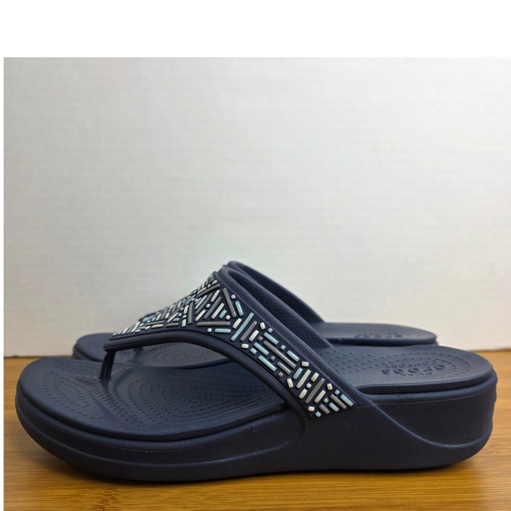 Crocs Monterey Beaded Wedge Flip Flops Navy Blue Women Size 9 Sandals - Picture 6 of 11